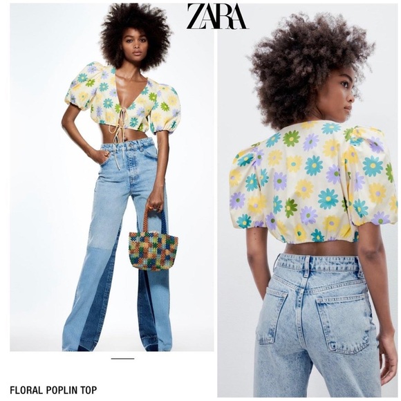 Zara Tops - Zara floral retro poplin crop top, short puff sleeve, V neckline,ties at front,S